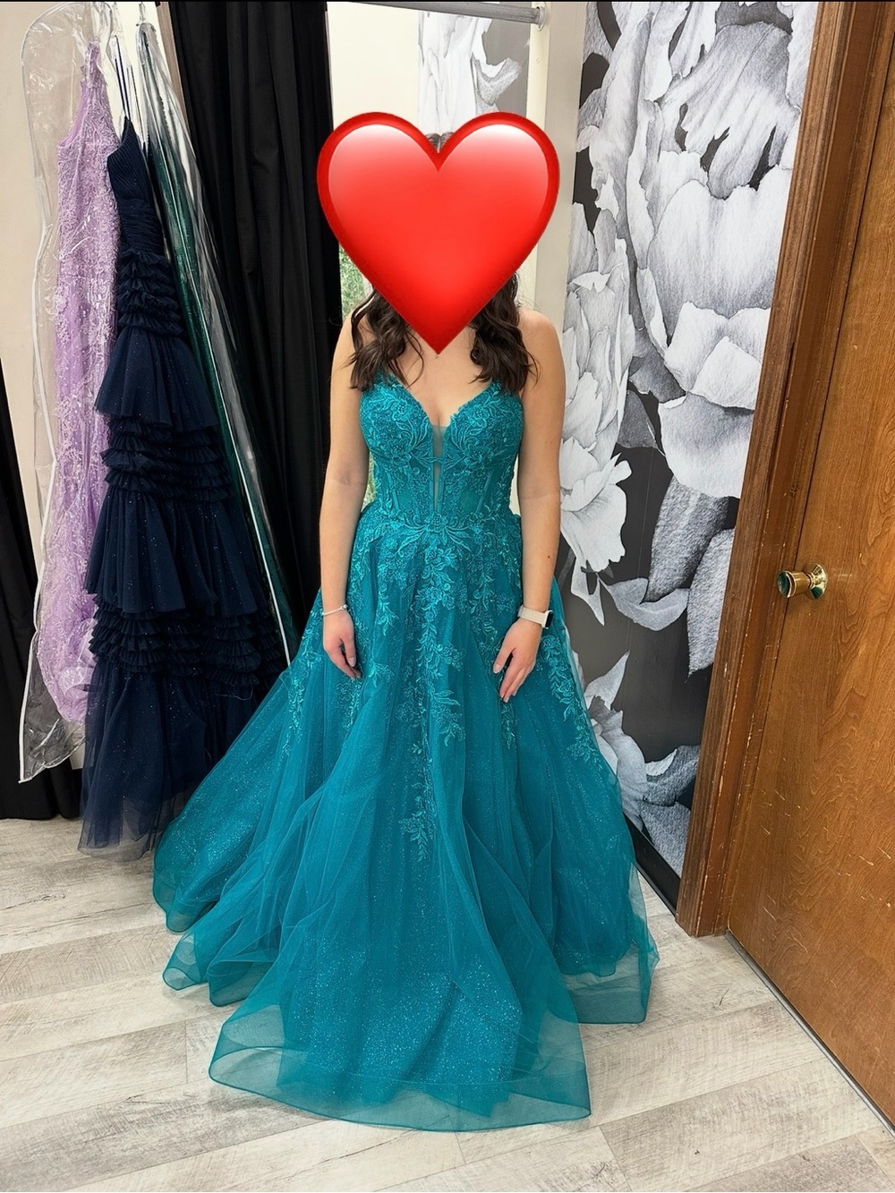 ellie wilde Teal Lace Appliqué Ball Gown